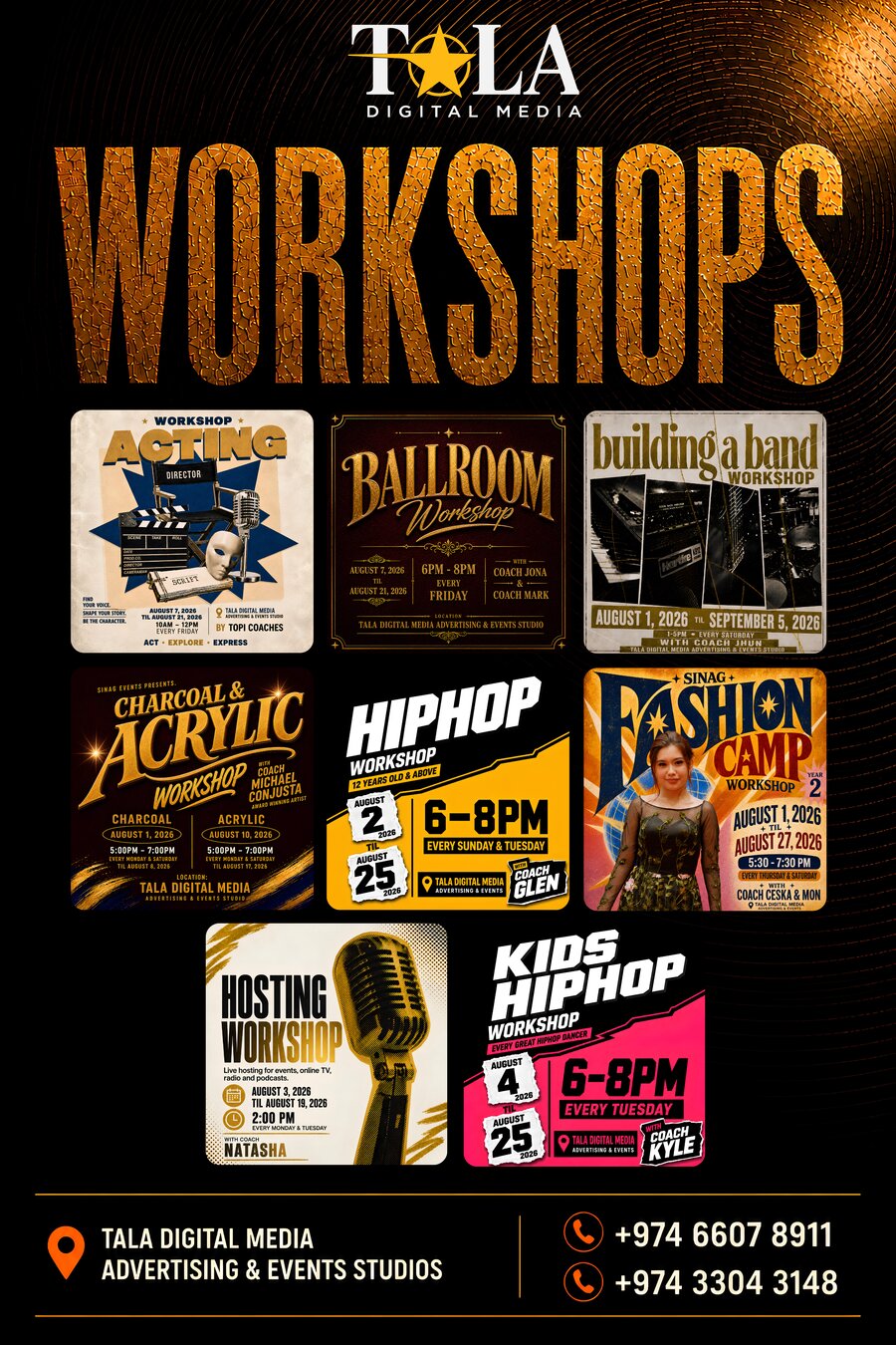 Sinag Events Workshops poster — full schedule for Acting, Ballroom, Building a Band, Charcoal & Acrylic, Hip Hop, Sinag Fashion Camp, and Hosting workshops